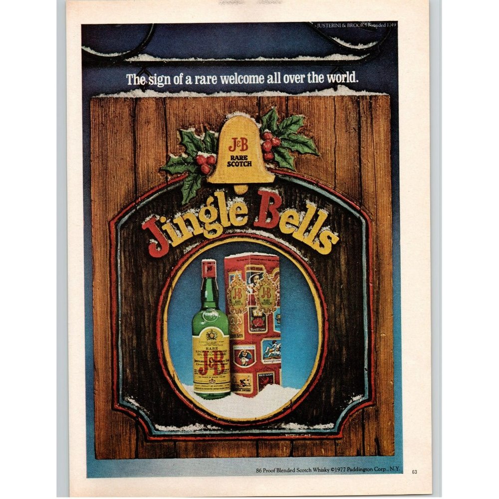 1977 J&B Scotch Jingle Bells Christmas Mistletoe Vintage Print Ad Holiday Decor
